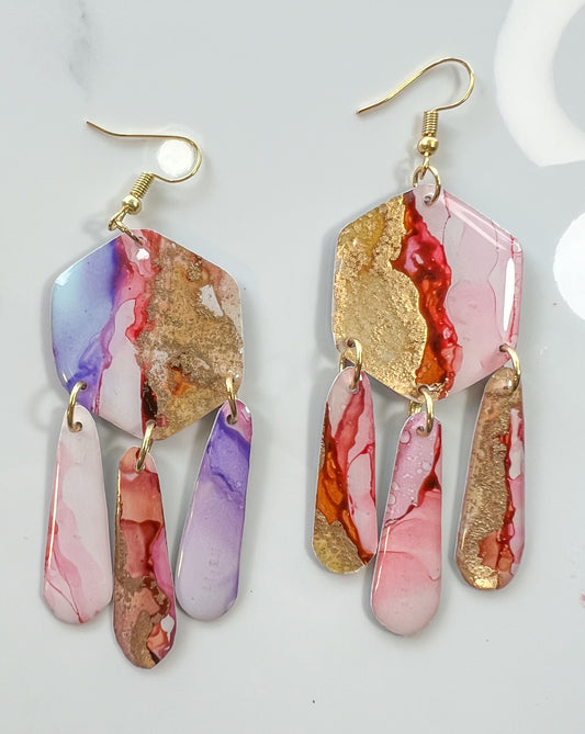 Sunset & Twilight Chandelier: Alcohol Ink Earrings (Gold)