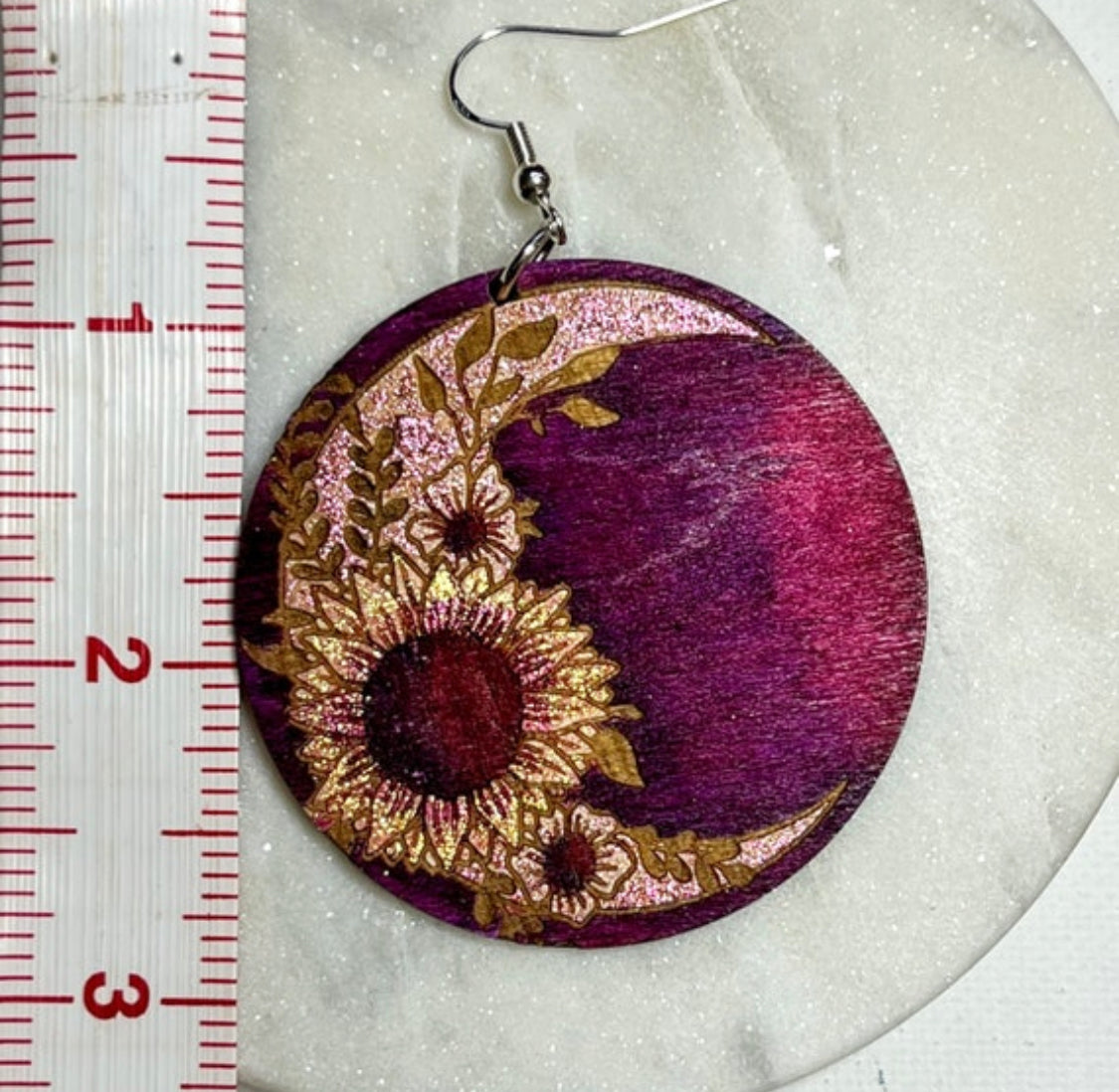 Burgundy Sunflower Crescent Moon Wood Statement Earrings