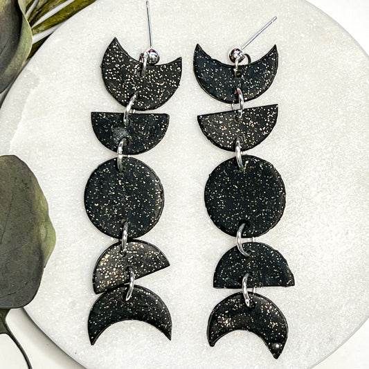 Black Glitter Clay Moon Phase Statement Earrings