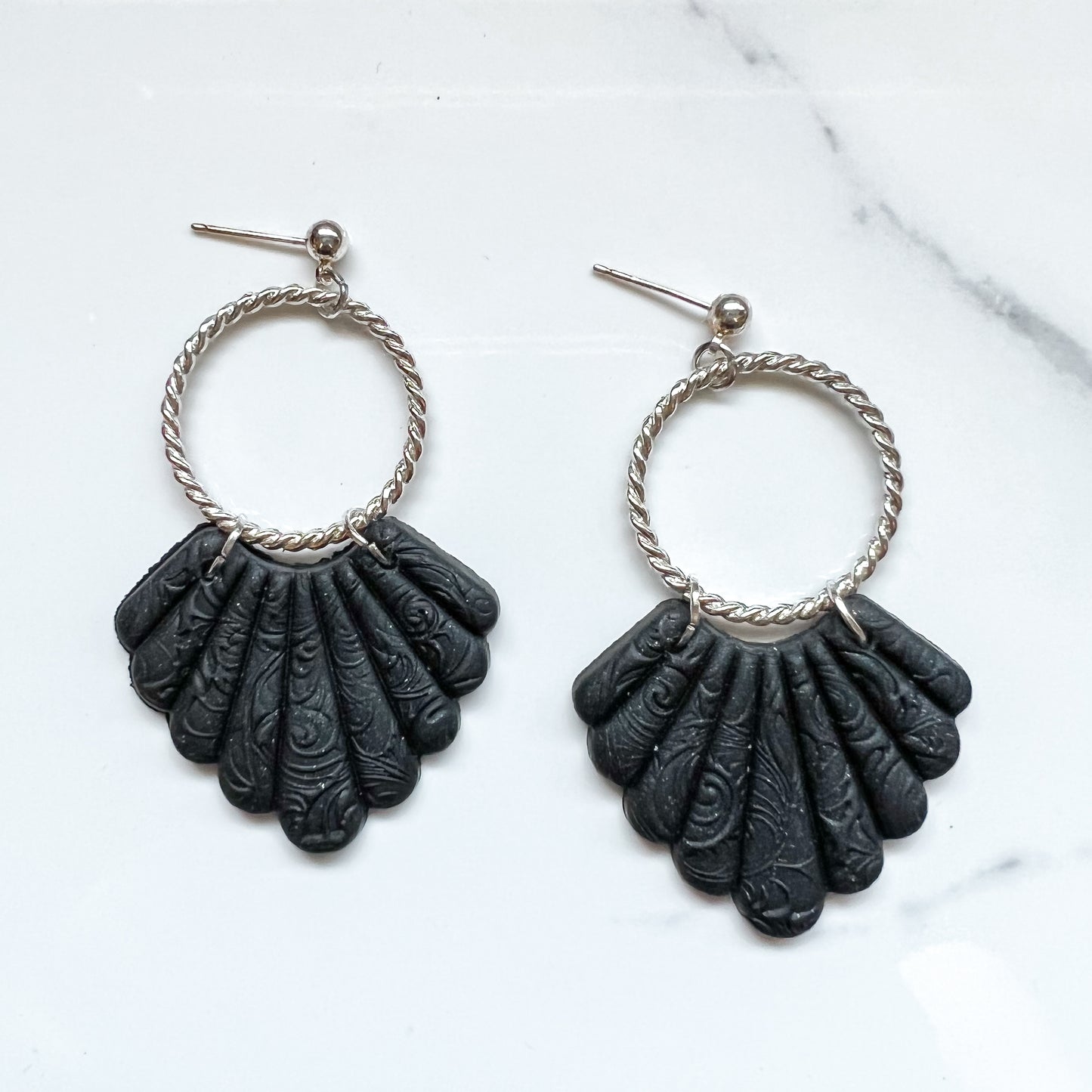 Black Scallop Clay Dangle Earrings