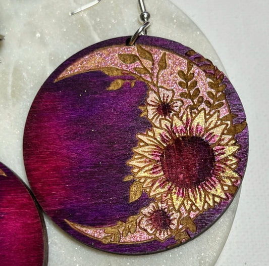 Burgundy Sunflower Crescent Moon Wood Statement Earrings