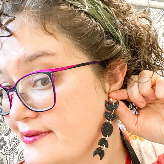 Black Glitter Clay Moon Phase Statement Earrings