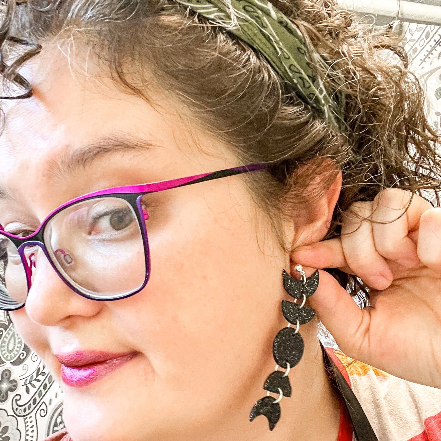 Black Glitter Clay Moon Phase Statement Earrings