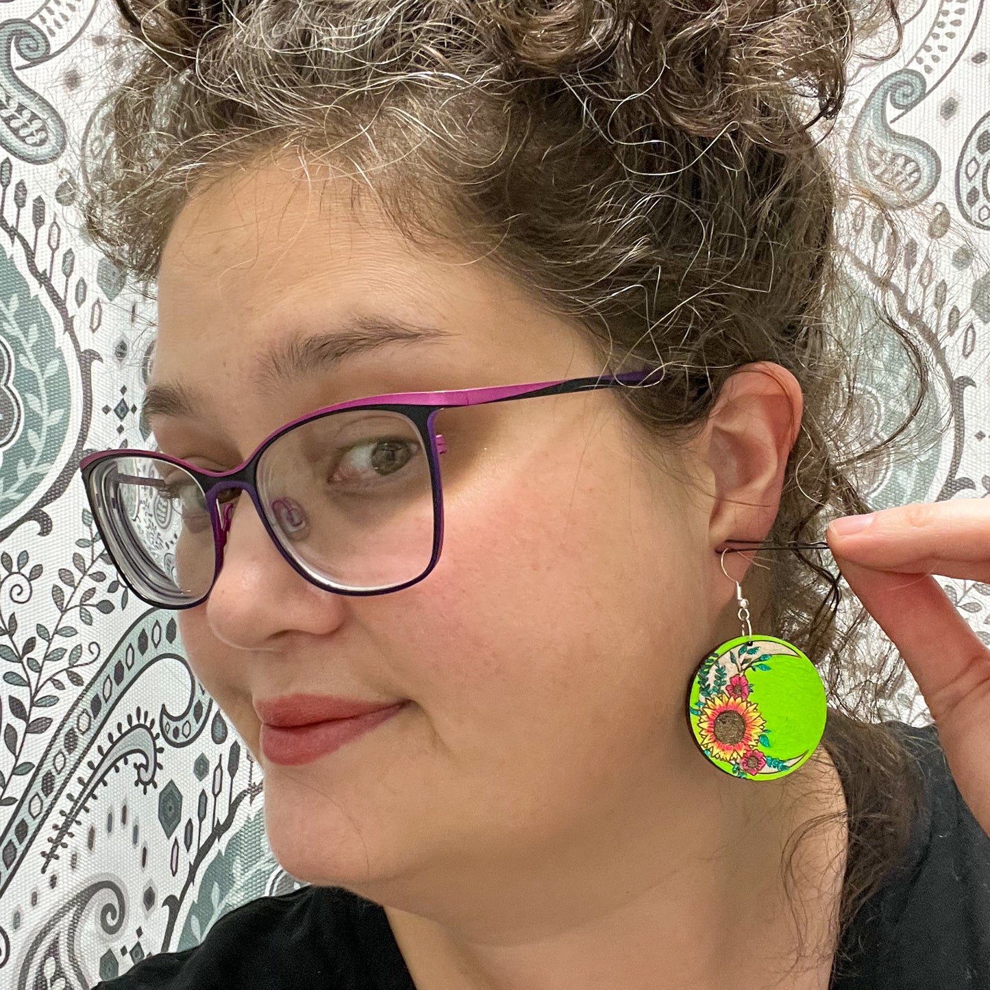 Small Sunflower Crescent Moon Wood Earrings