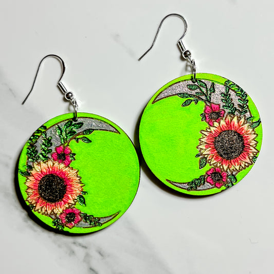 Small Sunflower Crescent Moon Wood Earrings